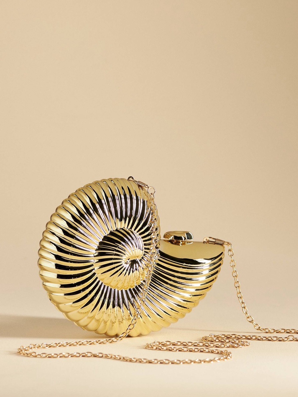 Gold Nautilus Shell Clutch Crossbody Purse Metallic Hard Case Evening Bag